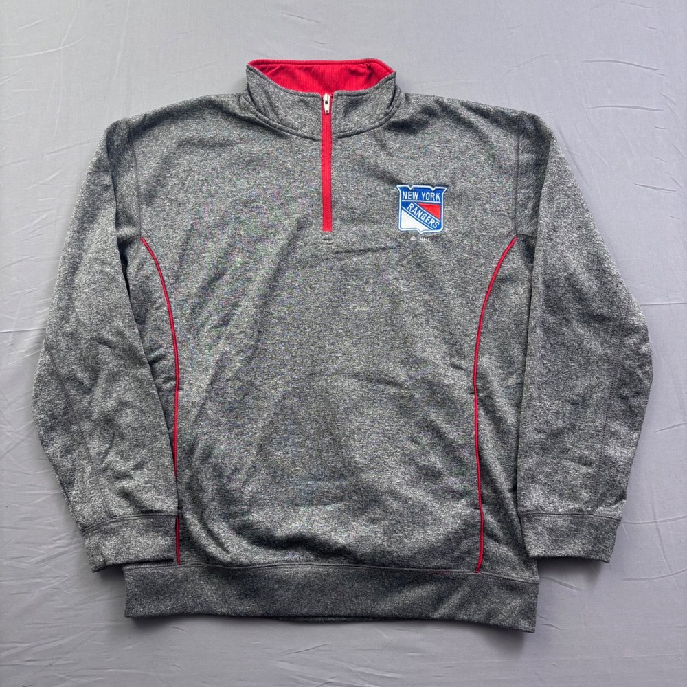 NHL New York Rangers Quarter Zip Pullover Gray Red Fleece Mens Large L Hockey